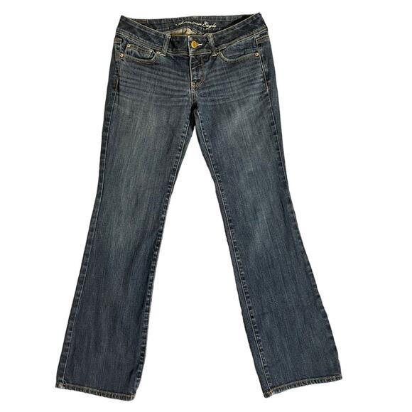 American Eagle Slim Boot Stretch Jeans Womens Size 8 Blue Dark Wash Whiskered - Picture 1 of 11